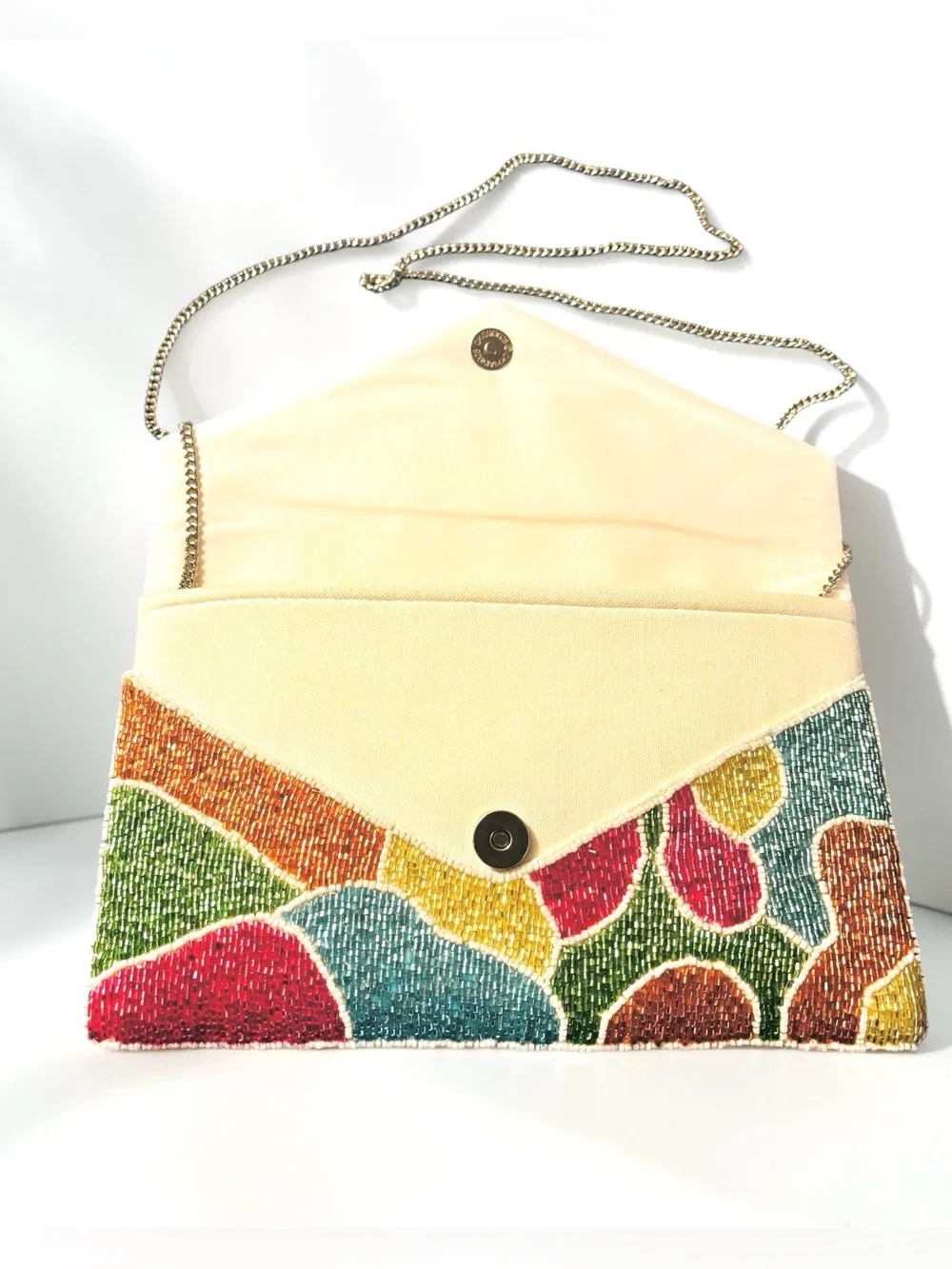 Sassy Jones Beaded Multicolor Envelope Clutch with Chain
